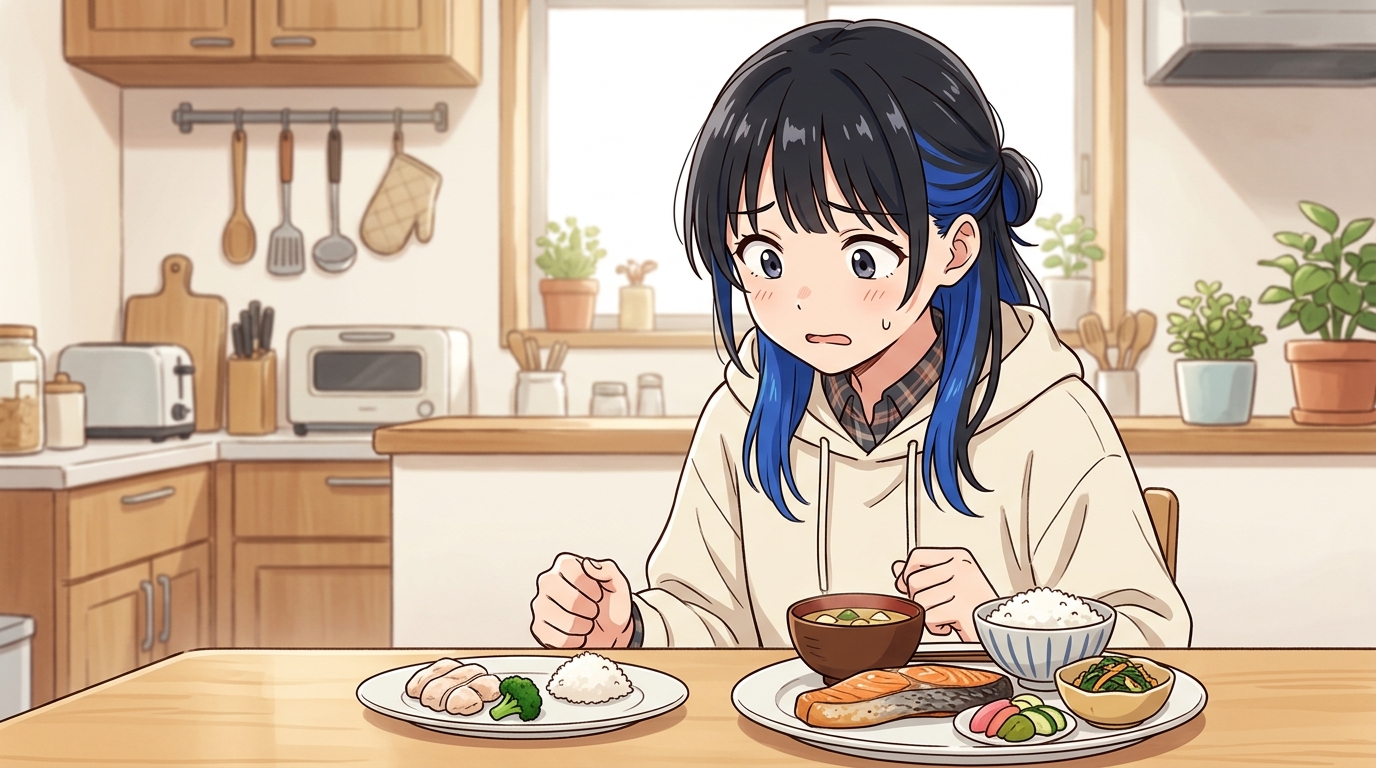 食事量の比較を見て驚く女の子のイラスト
