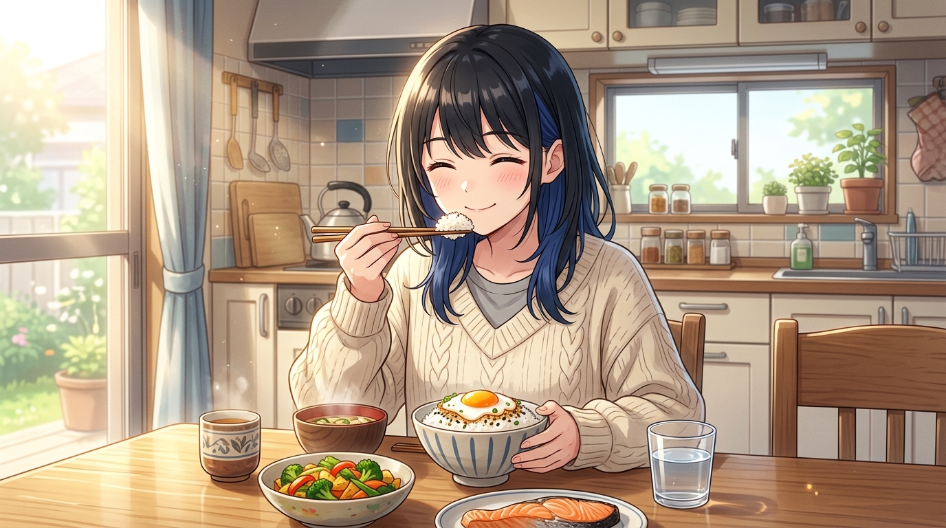 ダイエット中の朝食を食べる女の子のイラスト