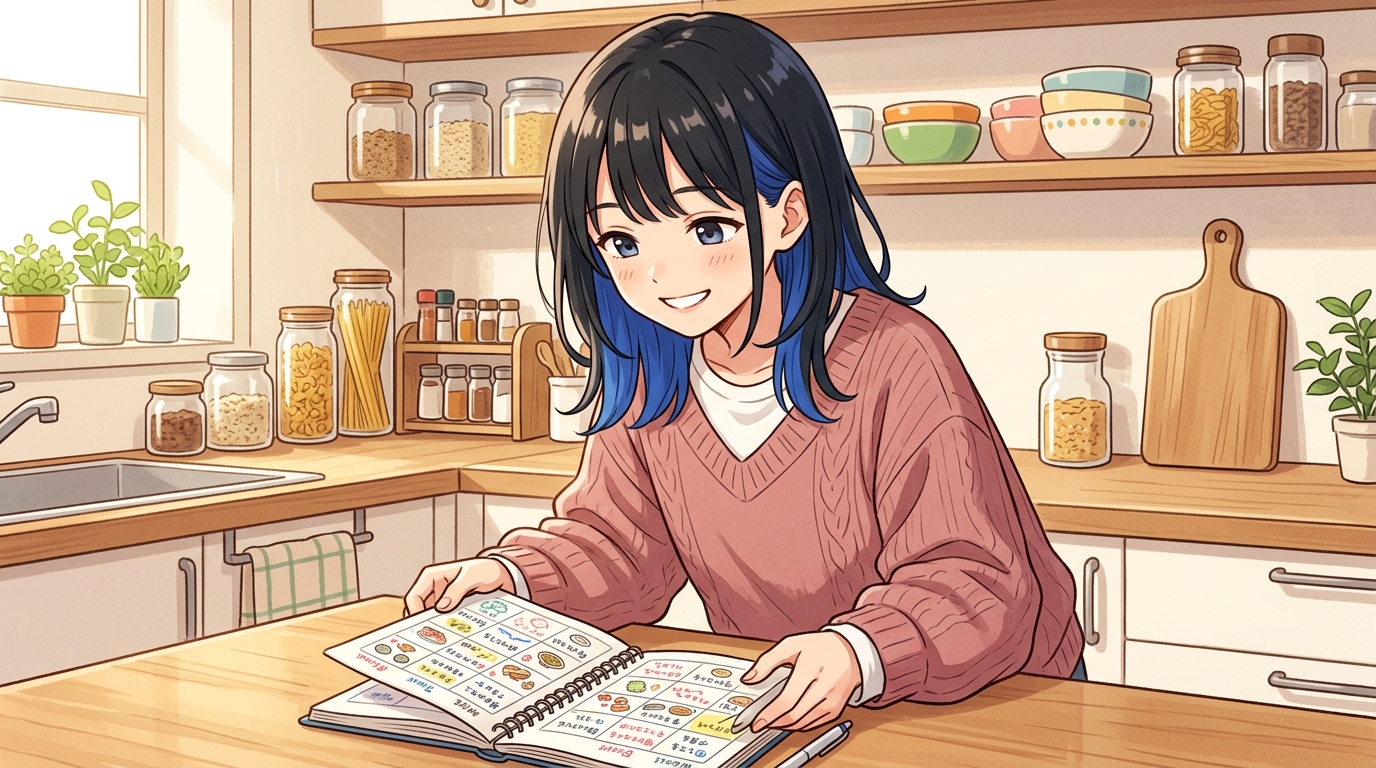 カレンダーを見ながら笑顔でダイエット計画を立てる女の子のイラスト