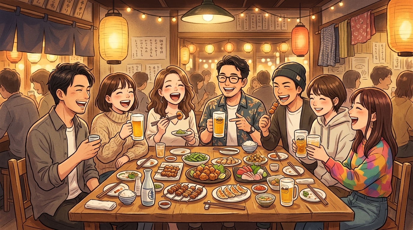 外食・飲み会を楽しむ友人たちのイラスト