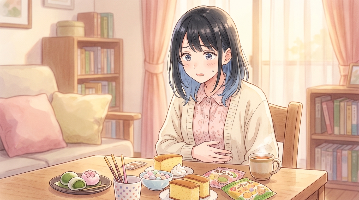食事を減らしすぎてお腹が空き、お菓子に手が伸びそうな女性のイラスト