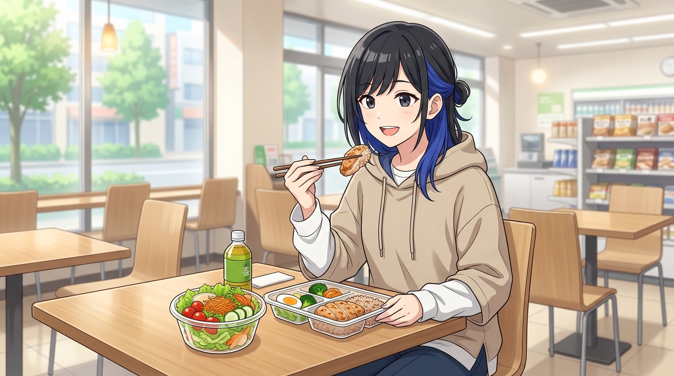 ファミリーマートでヘルシーな食事をとる女の子