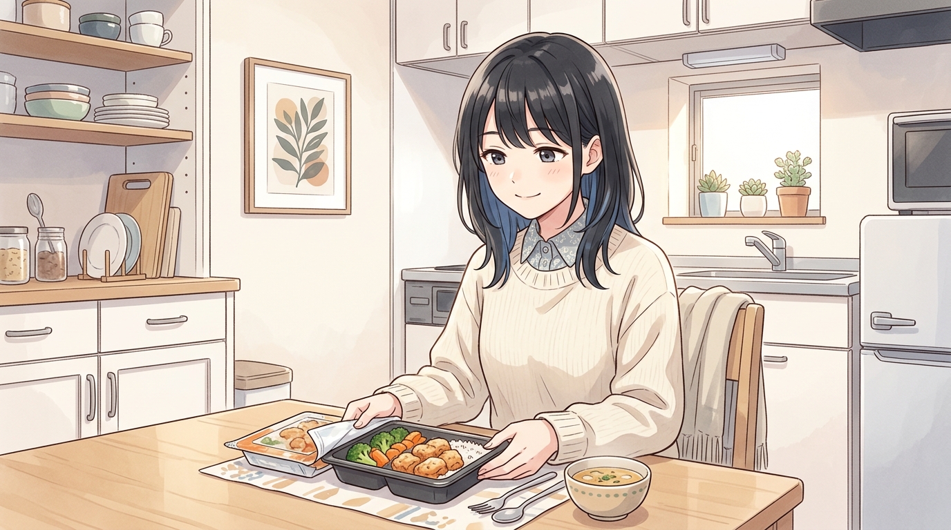 一人暮らしの部屋でナッシュの冷凍弁当を電子レンジから取り出す女性のイラスト