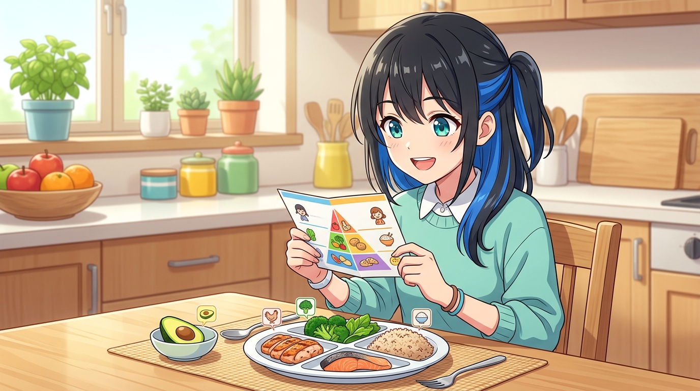 PFCバランスを意識した食事を楽しむ女の子のイラスト