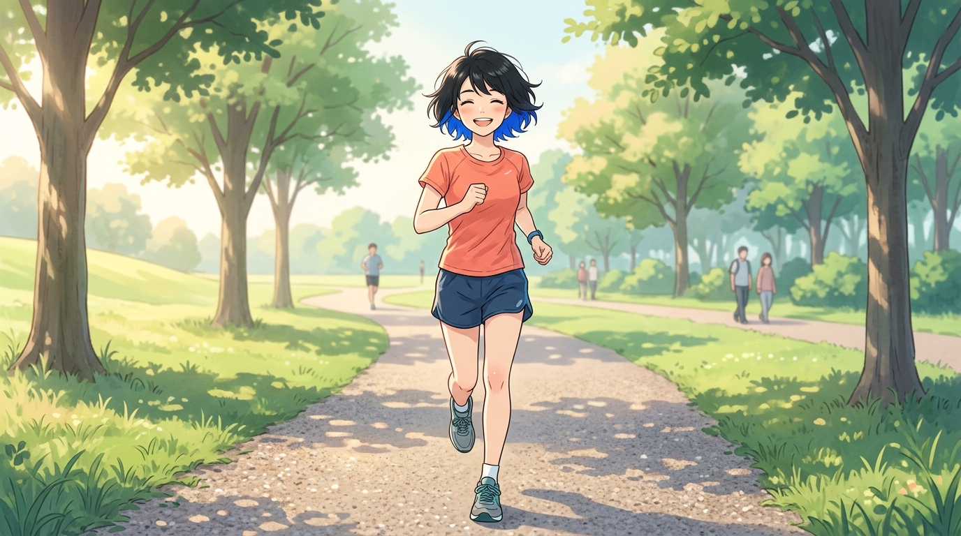 公園でジョギングする女性のイラスト