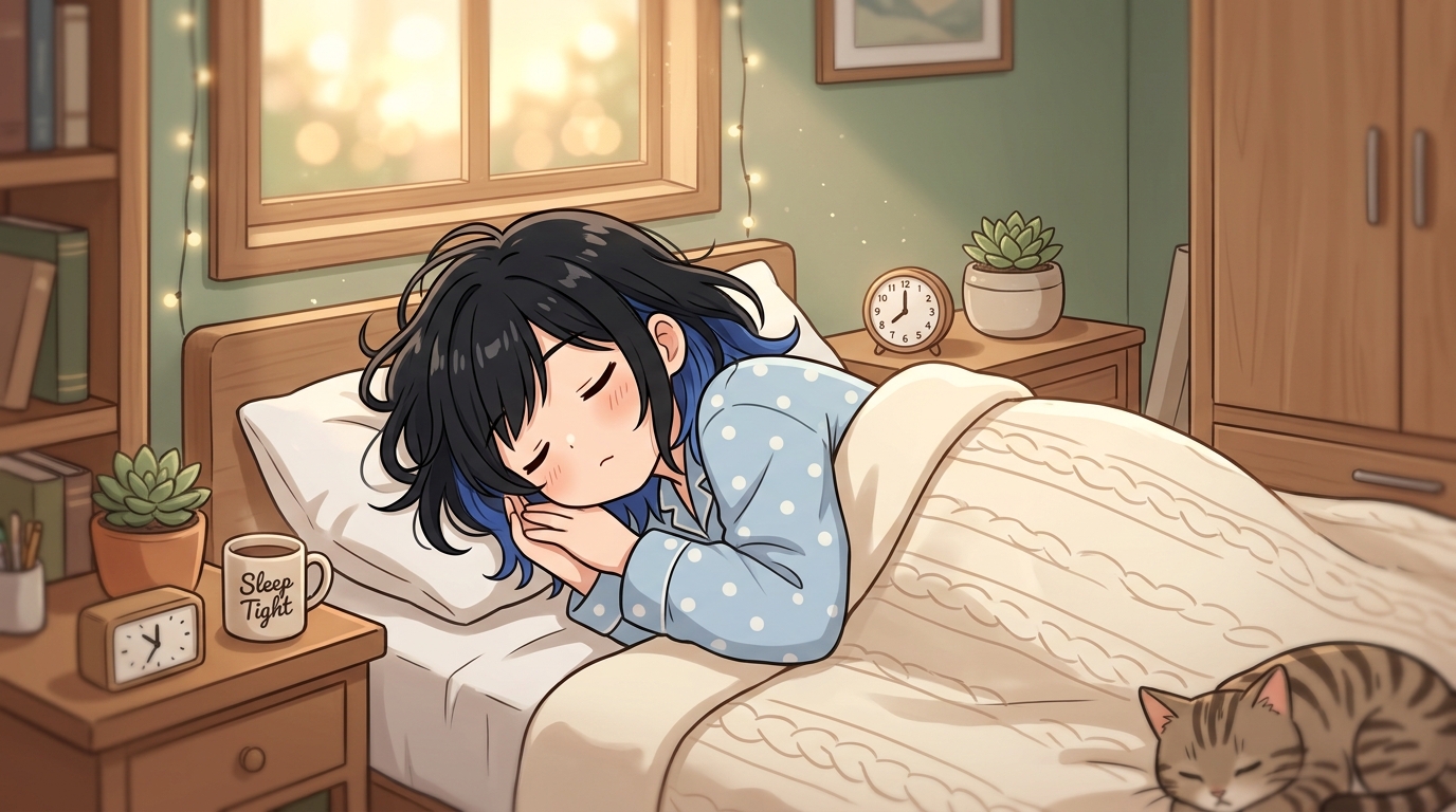 ぐっすり眠る女の子のイラスト。睡眠とダイエットの関係