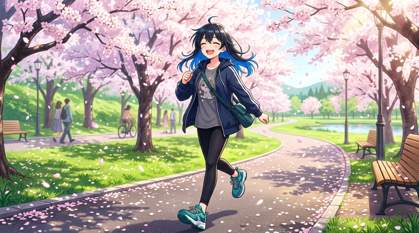 春の桜並木をウォーキングする女の子のイラスト