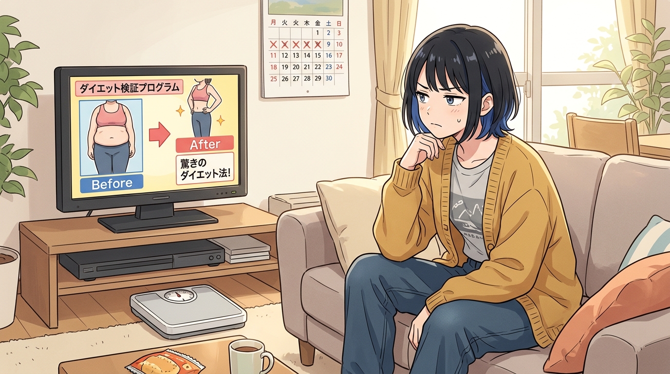 テレビのダイエット検証番組を懐疑的に見る女の子