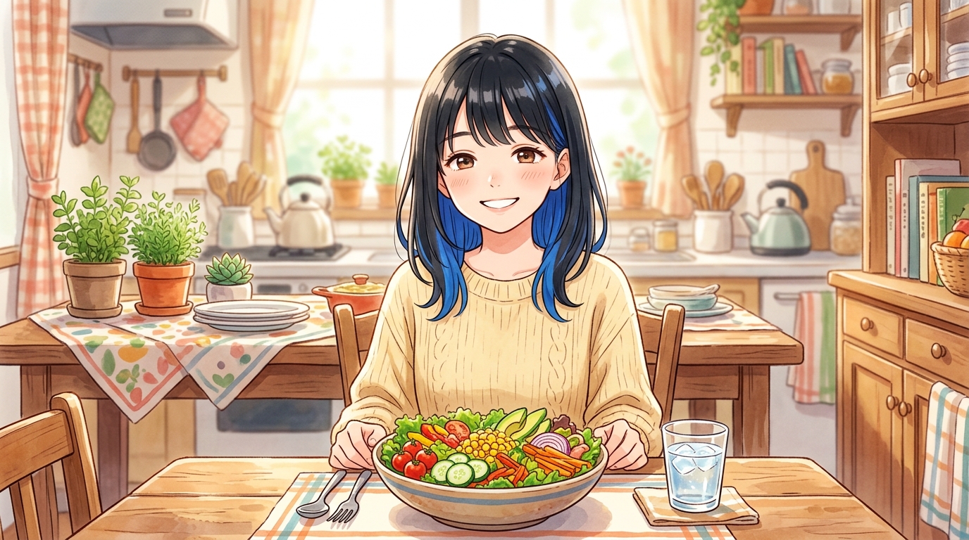 野菜サラダの前に座る女の子のイラスト