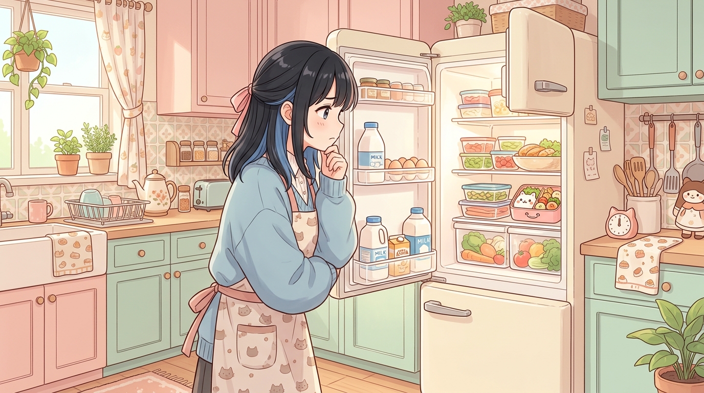 冷蔵庫の前で食欲と戦う女性のイラスト