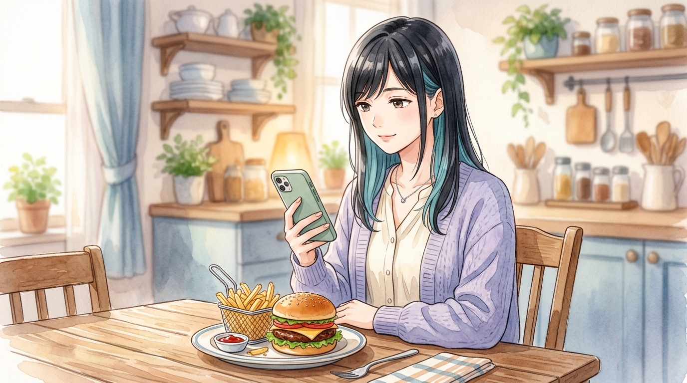 あすけんでチートデイの食事を記録する女性