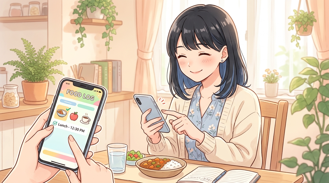 スマホで気軽にあすけんに記録する女性