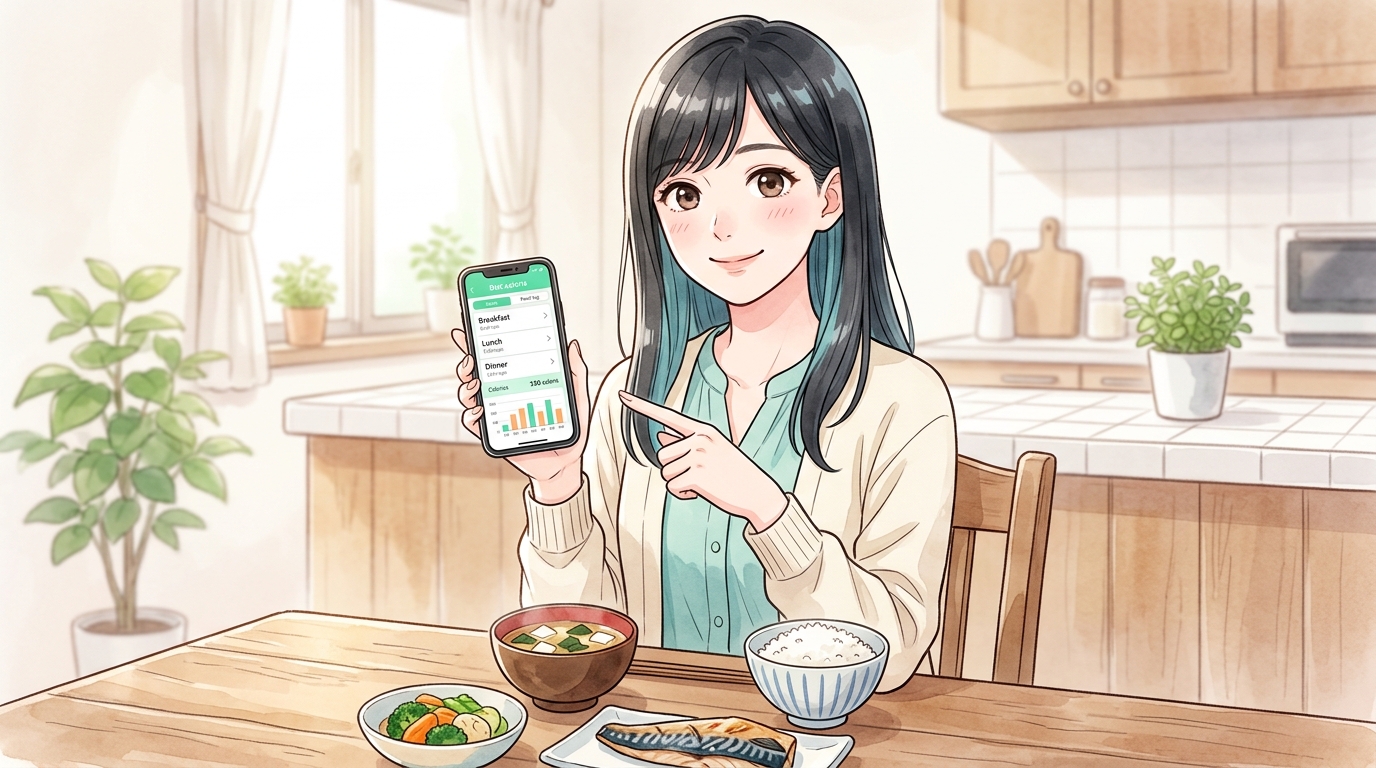 無料版のあすけんで食事を記録しながら家庭料理を食べる女性