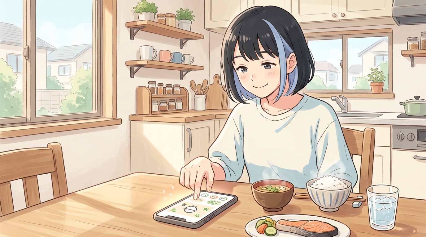スマホであすけんに食事を記録する女性