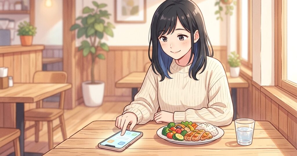 あすけんアプリで食事を記録する女性