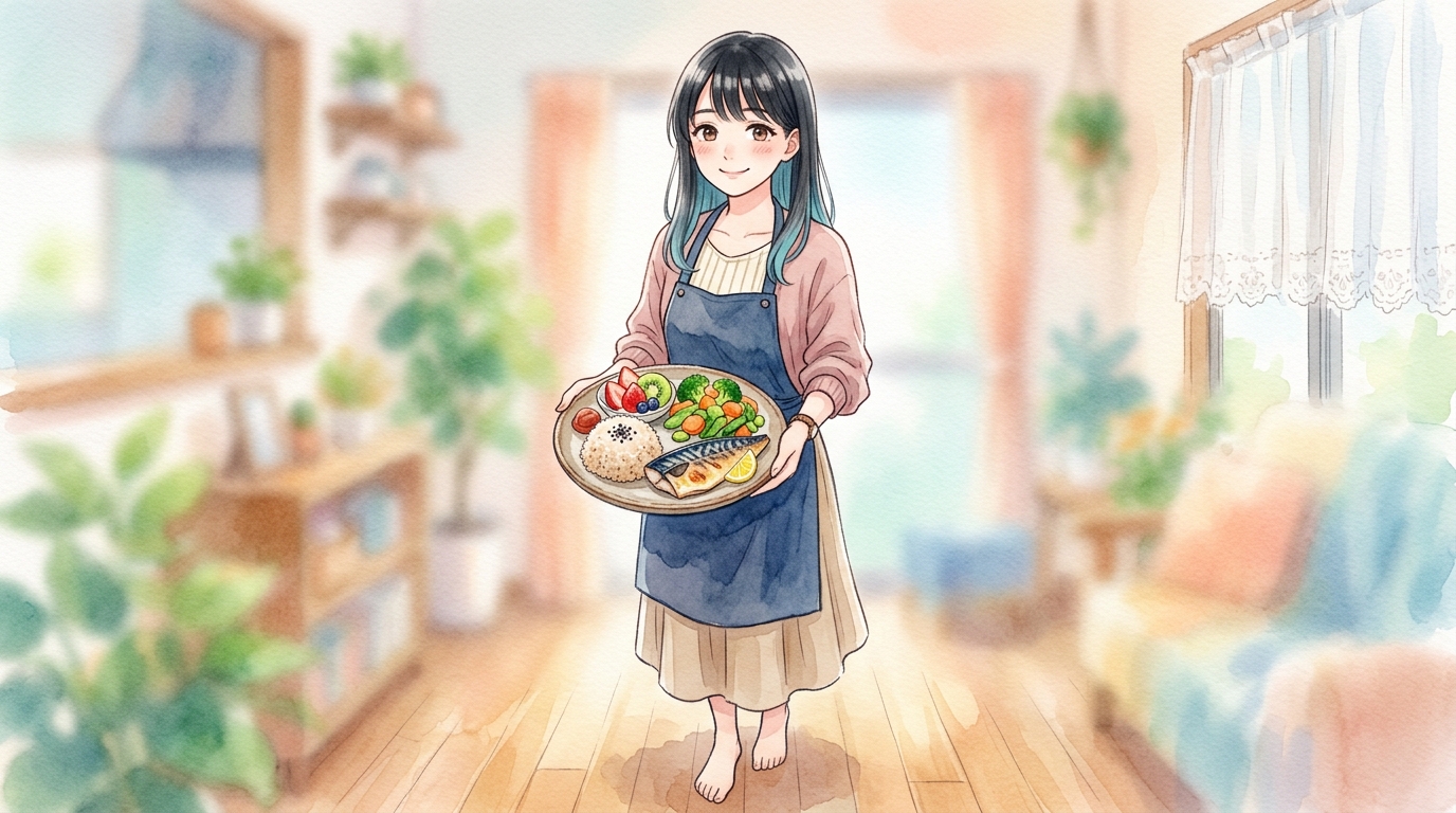 バランスの良い食事を持つ女性