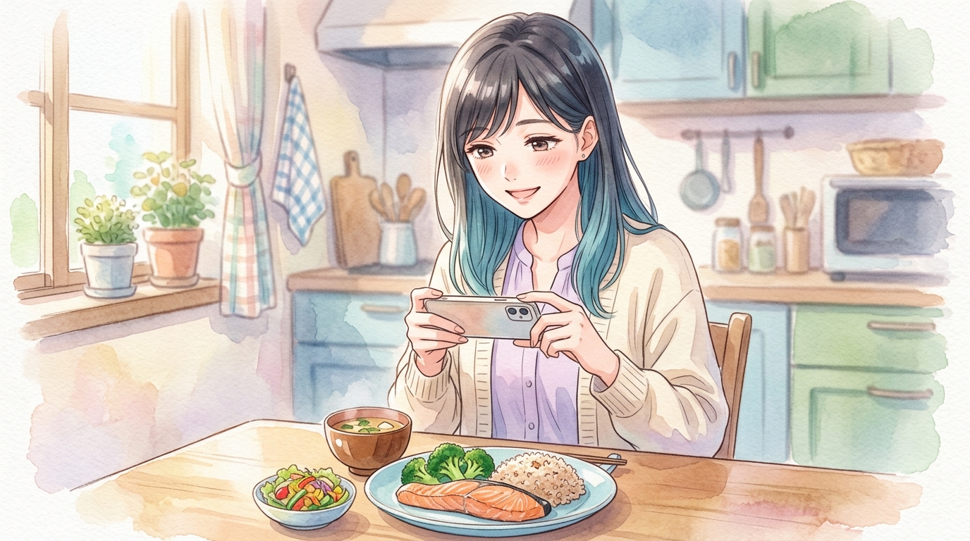 明るい場所で料理を真上からスマホで撮影している様子