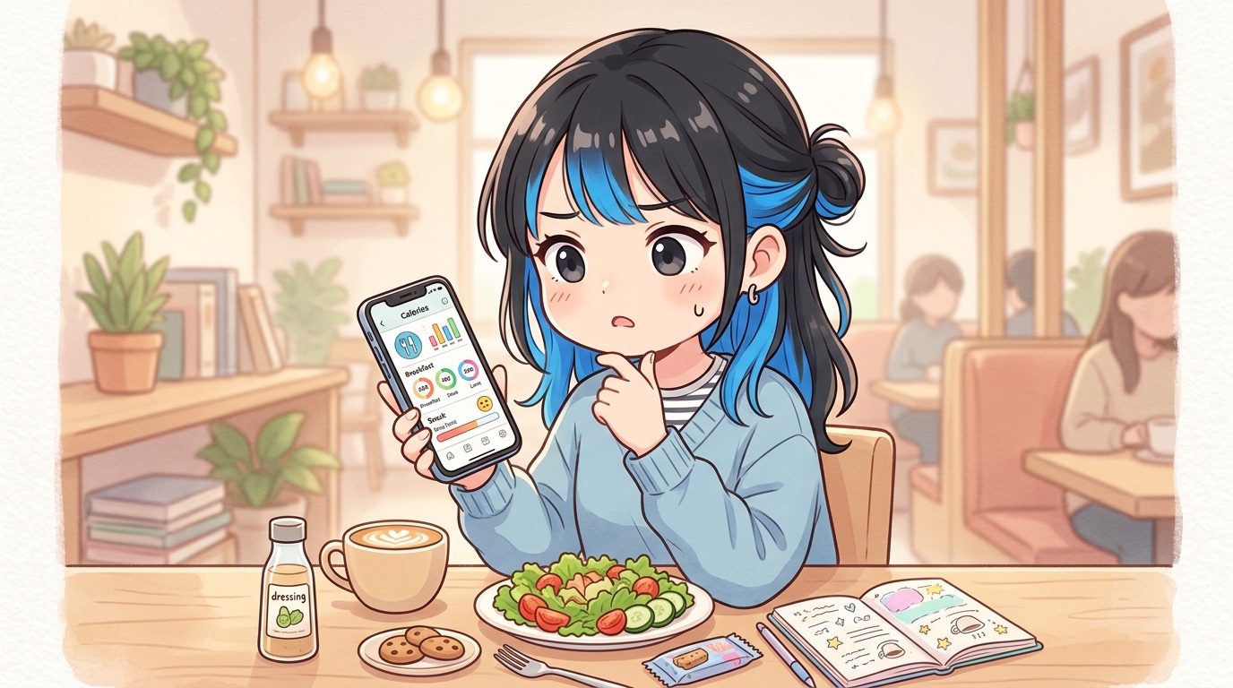 あすけんの記録を見直す女性のイラスト
