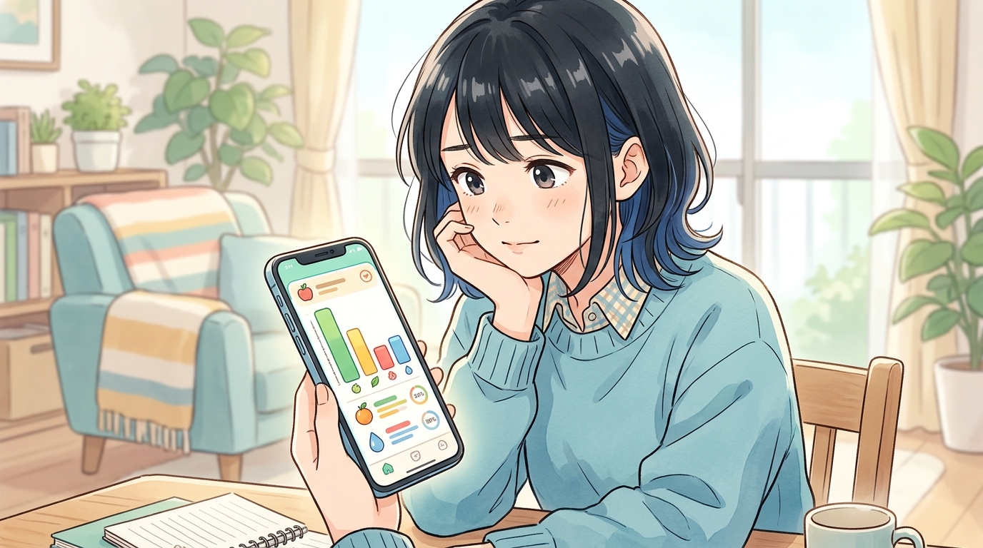あすけんの栄養素グラフを確認する女性