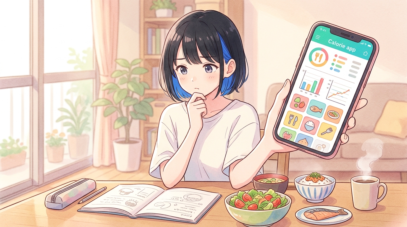 あすけんアプリを見ながら口コミを検証する女性