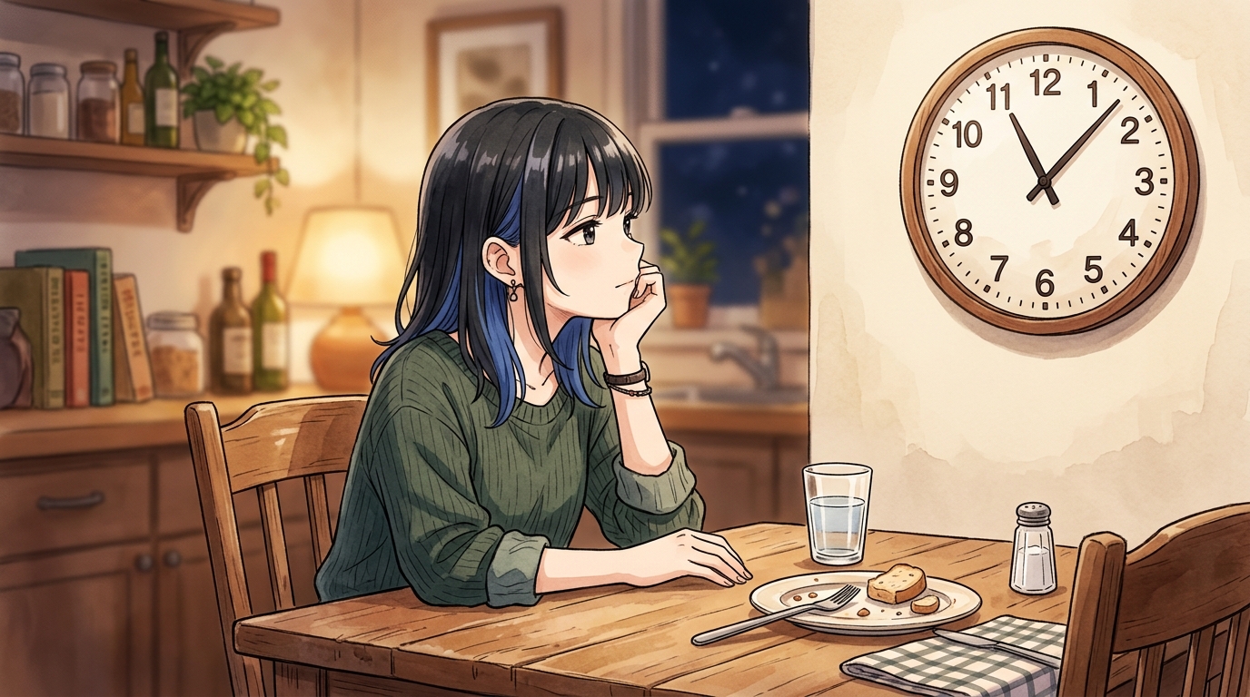 夜遅くに時計を見ながら断食を意識する女性のイラスト