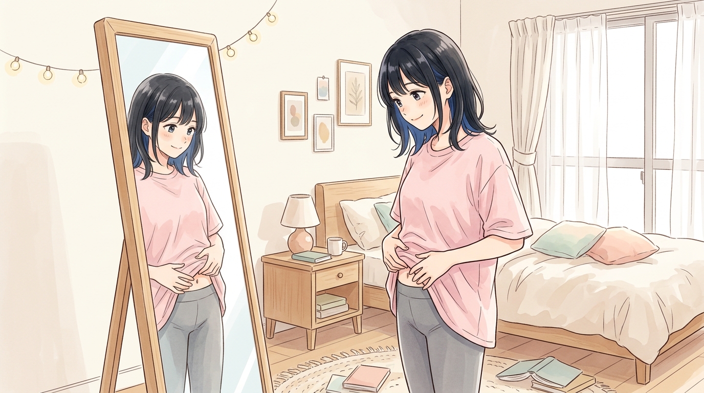 お腹周りの脂肪を計測する女性のイメージ