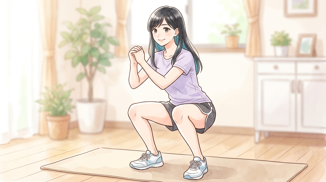自宅でスクワットをする女性のイラスト