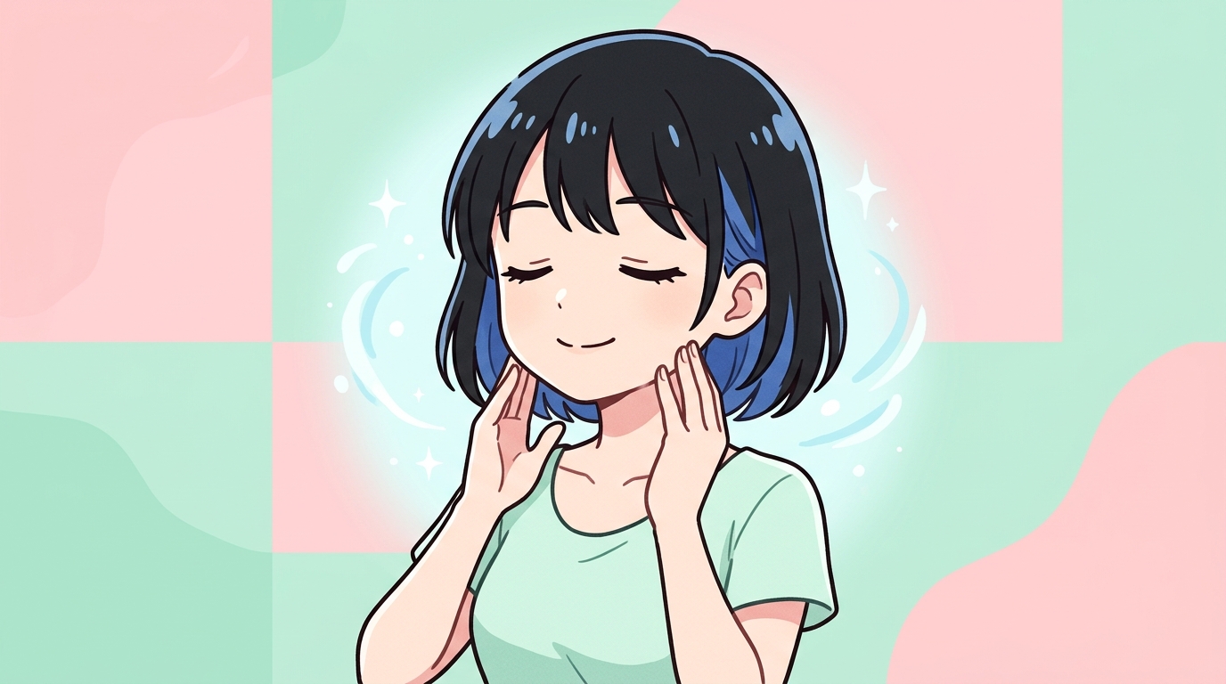 首・顎下を優しくマッサージしている女の子のイラスト