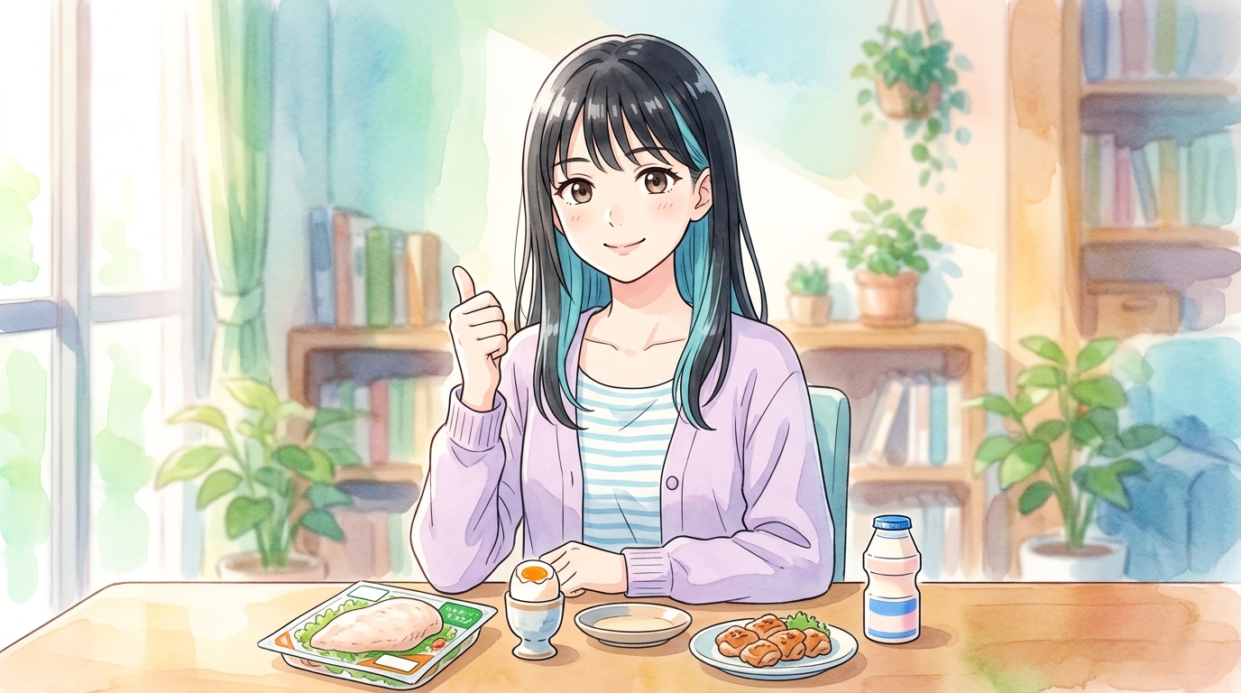 ファミマの高タンパク商品を並べてサムズアップする女性のイラスト
