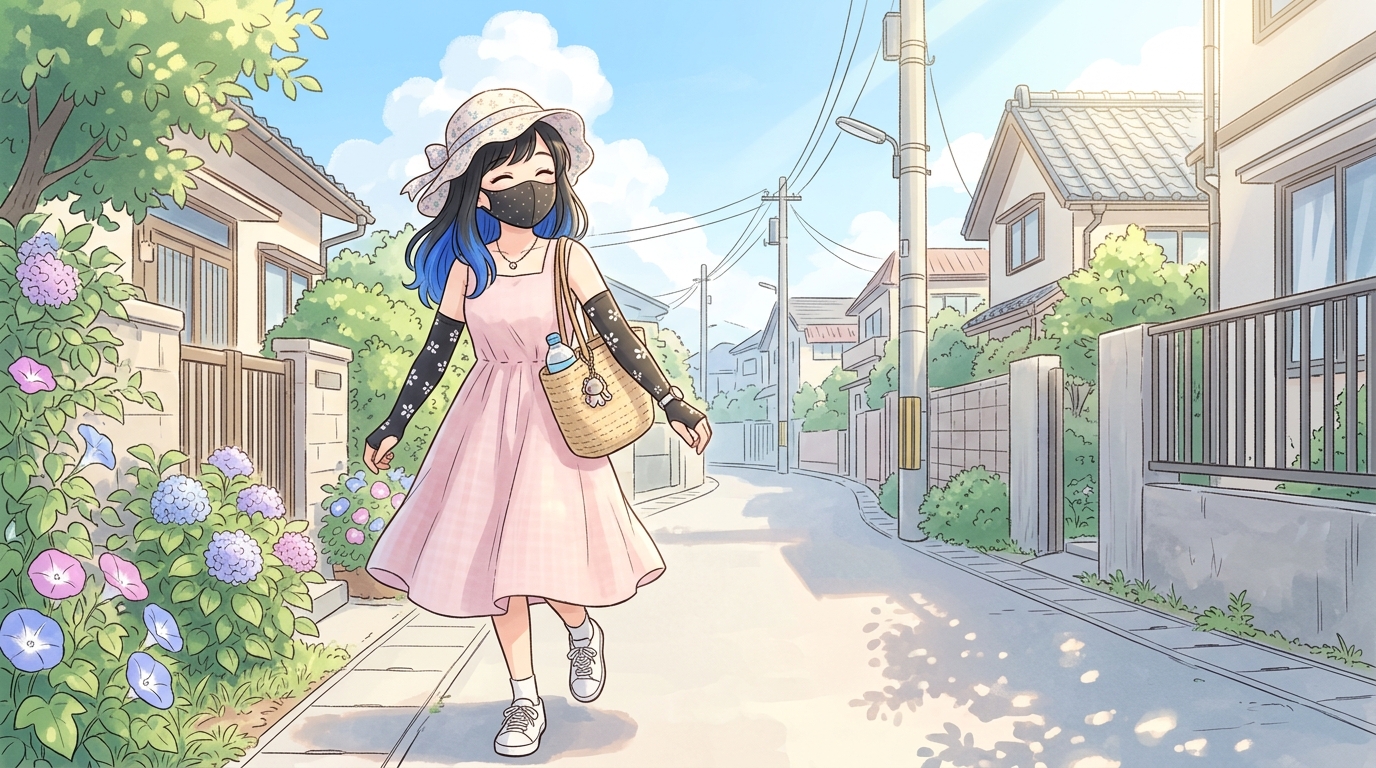 夏の朝散歩を日除けして楽しむ女性のイラスト