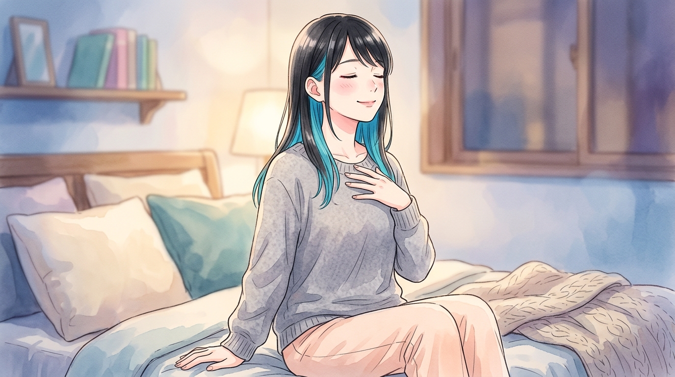 寝る前にベッドの上で深呼吸してリラックスする女性