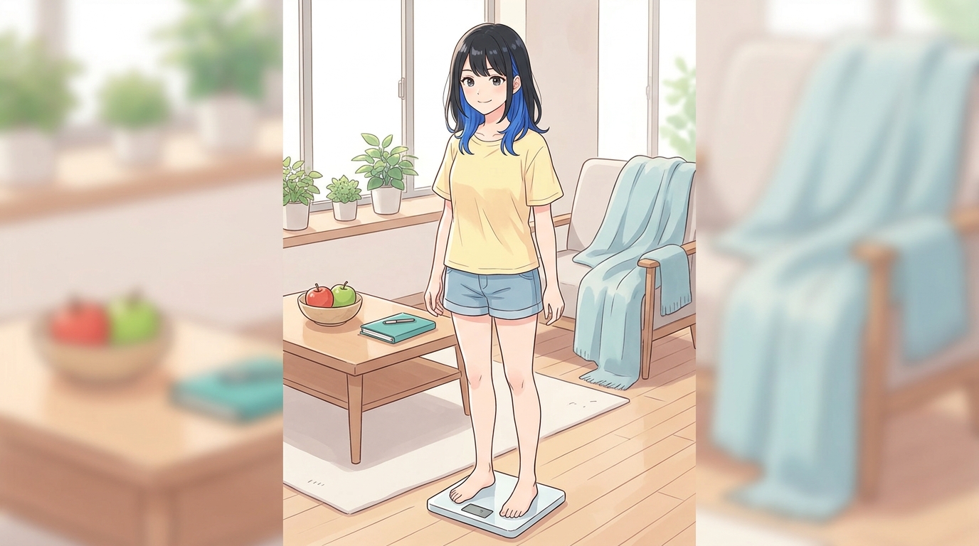 体重計に乗って記録をつける女性