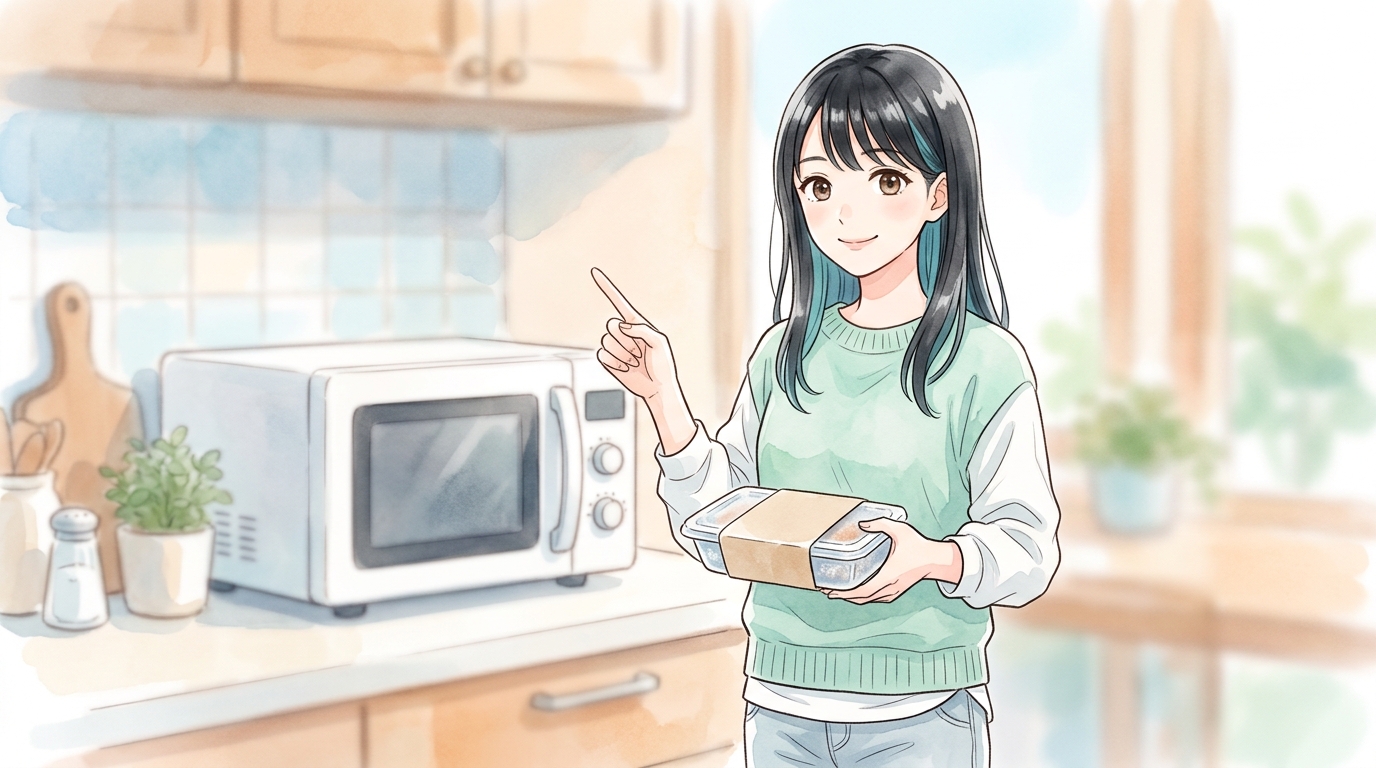 冷凍宅配弁当をレンジで温める女性のイラスト