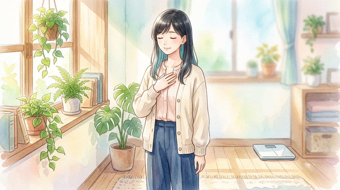 深呼吸して肩の力を抜く女性。体重計は部屋の隅に置かれている