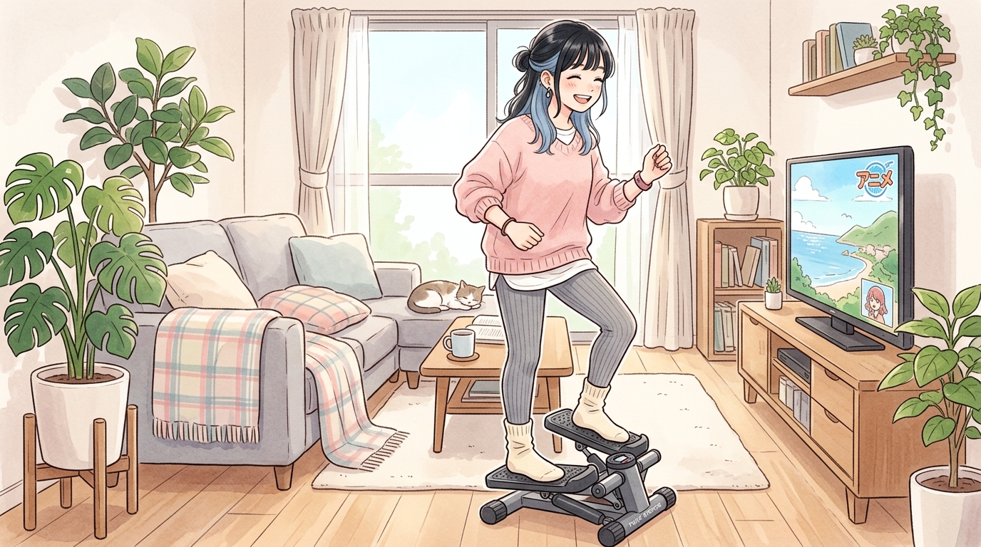 雨の日にテレビを見ながらステッパーで運動する女性