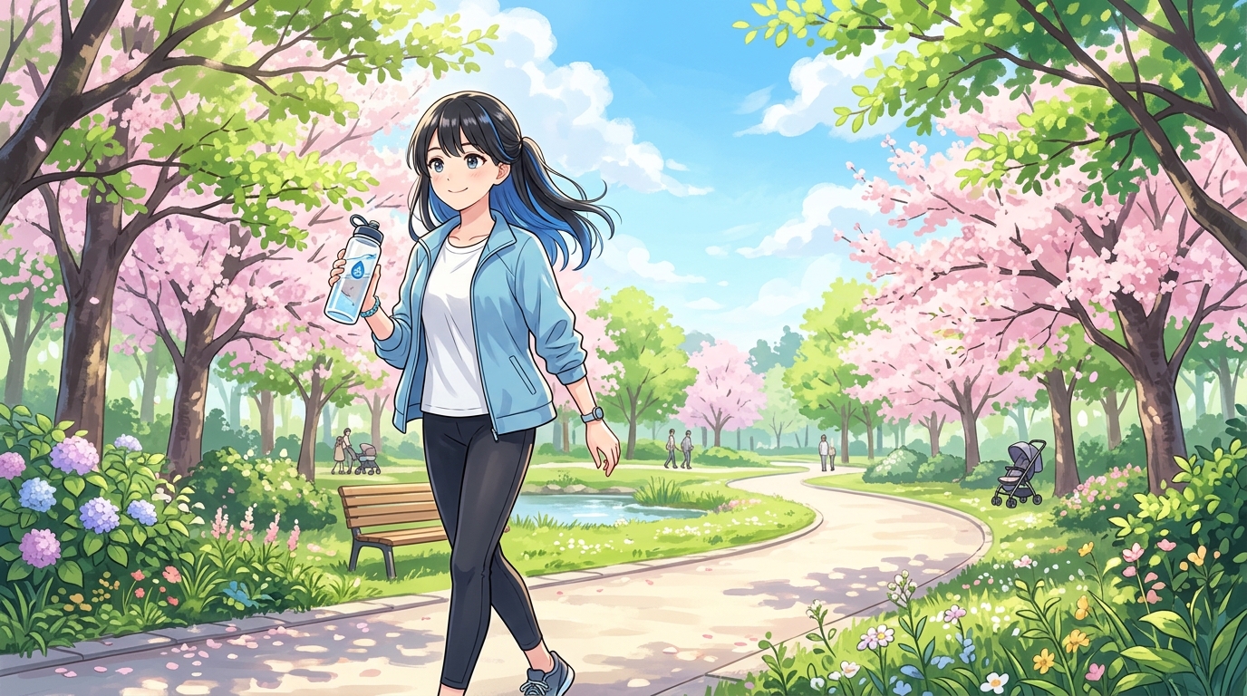 朝の公園で水分補給しながらウォーキングをする女性