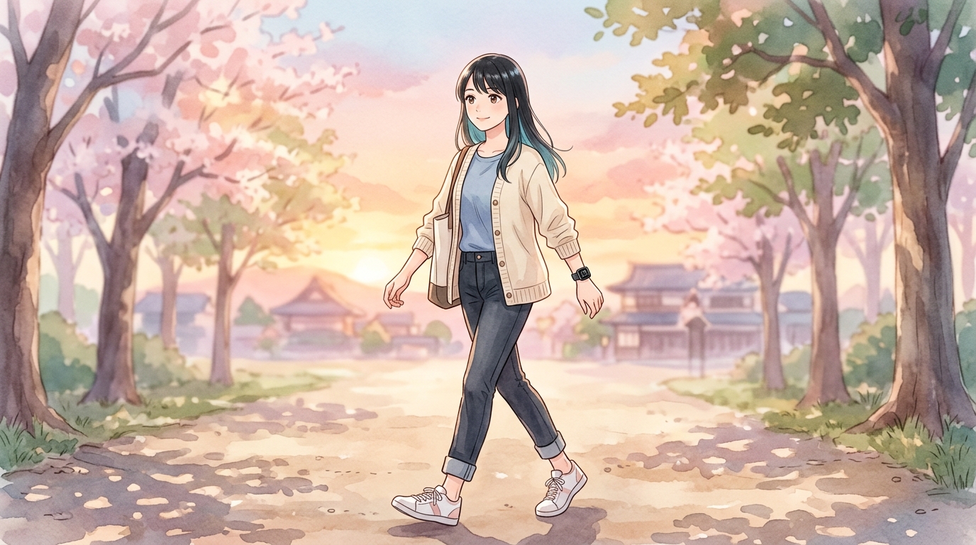 夕方の道を歩く女性。分割ウォーキングのイメージ