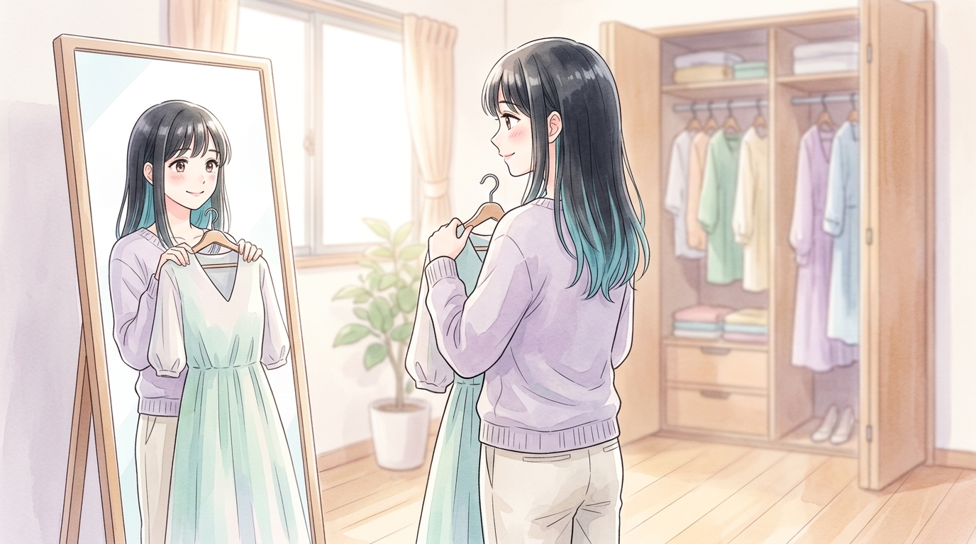 鏡の前で痩せたら着たい服を胸に当てて確かめる女性