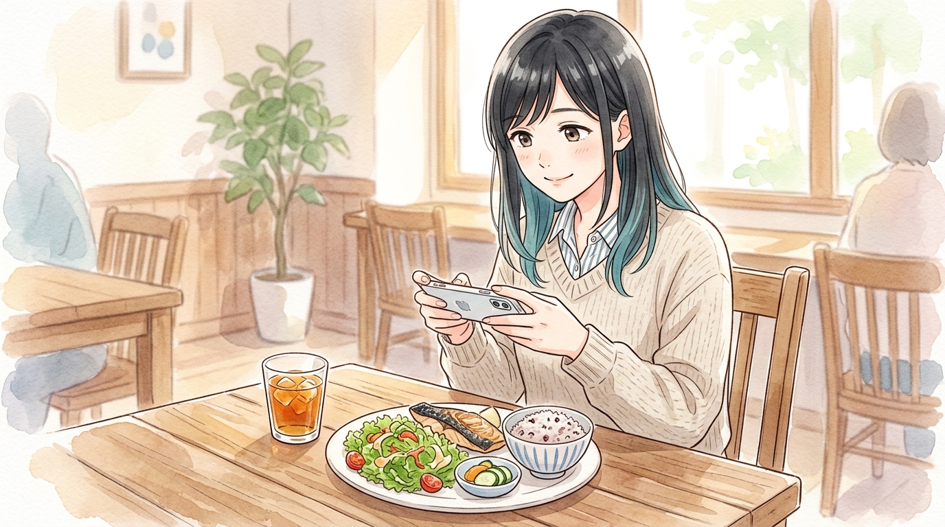 カフェで食事の写真を撮ってダイエットアプリに記録する女性