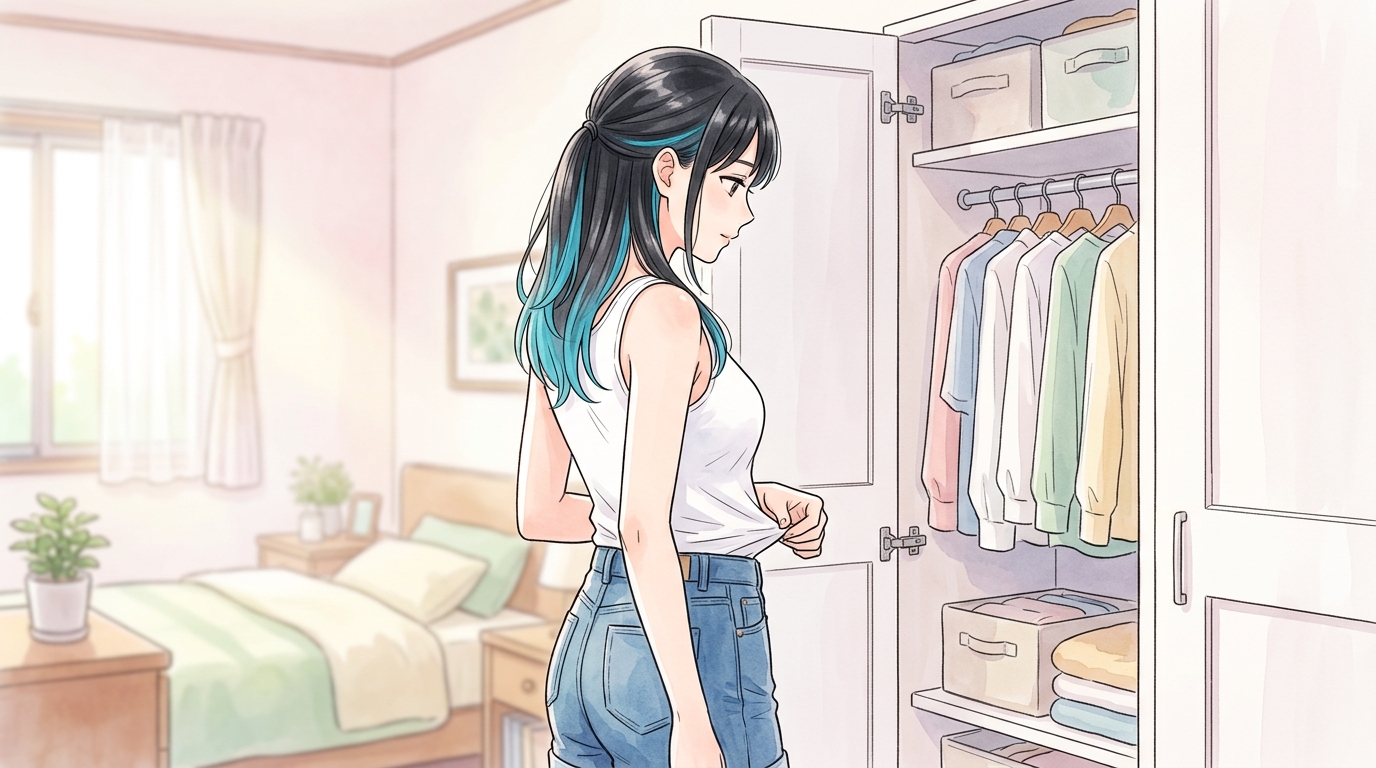 クローゼットの前でジャストサイズのインナーのフィット感を確かめる女性