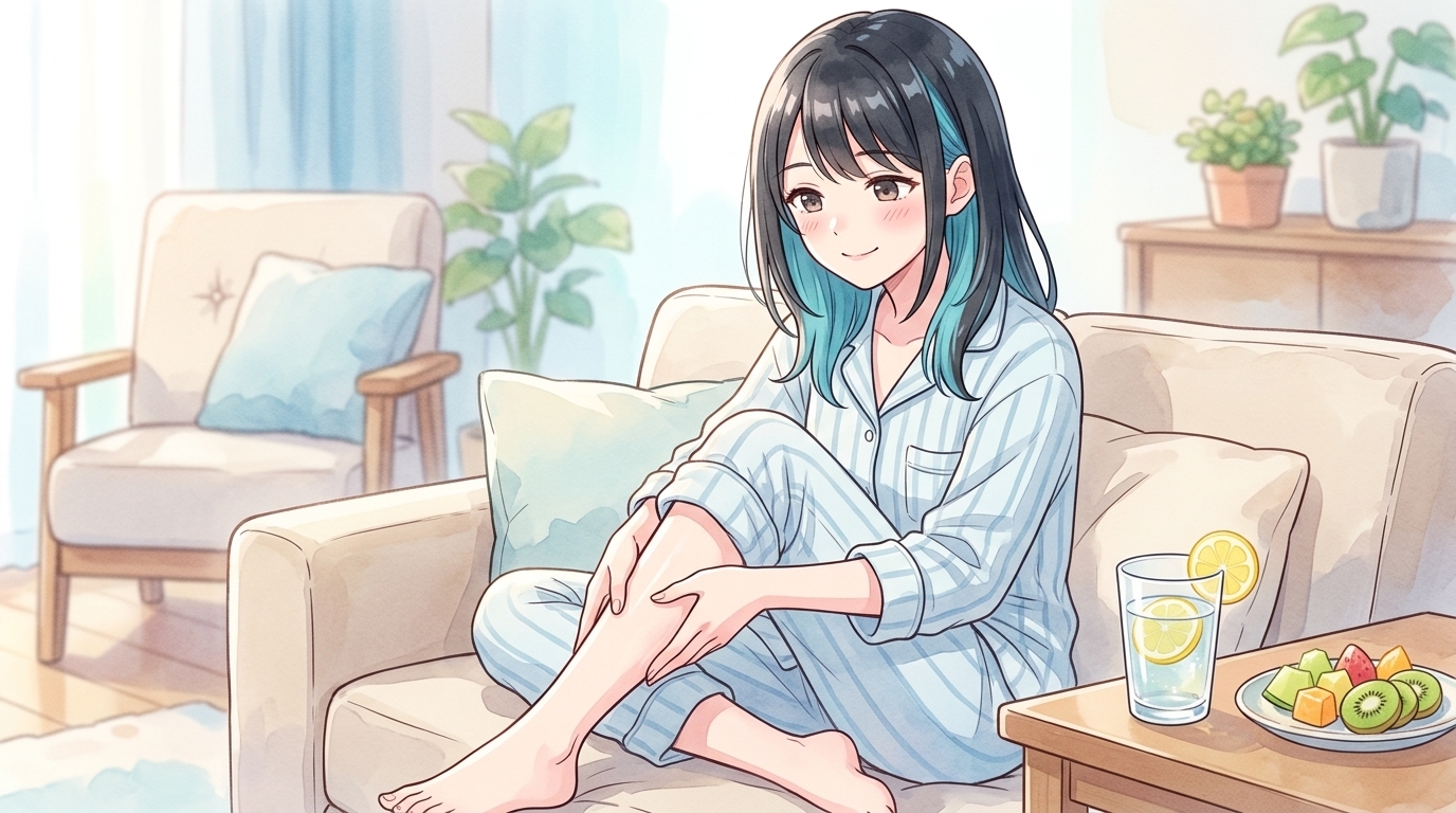 ソファでふくらはぎをやさしくケアする女性のイラスト