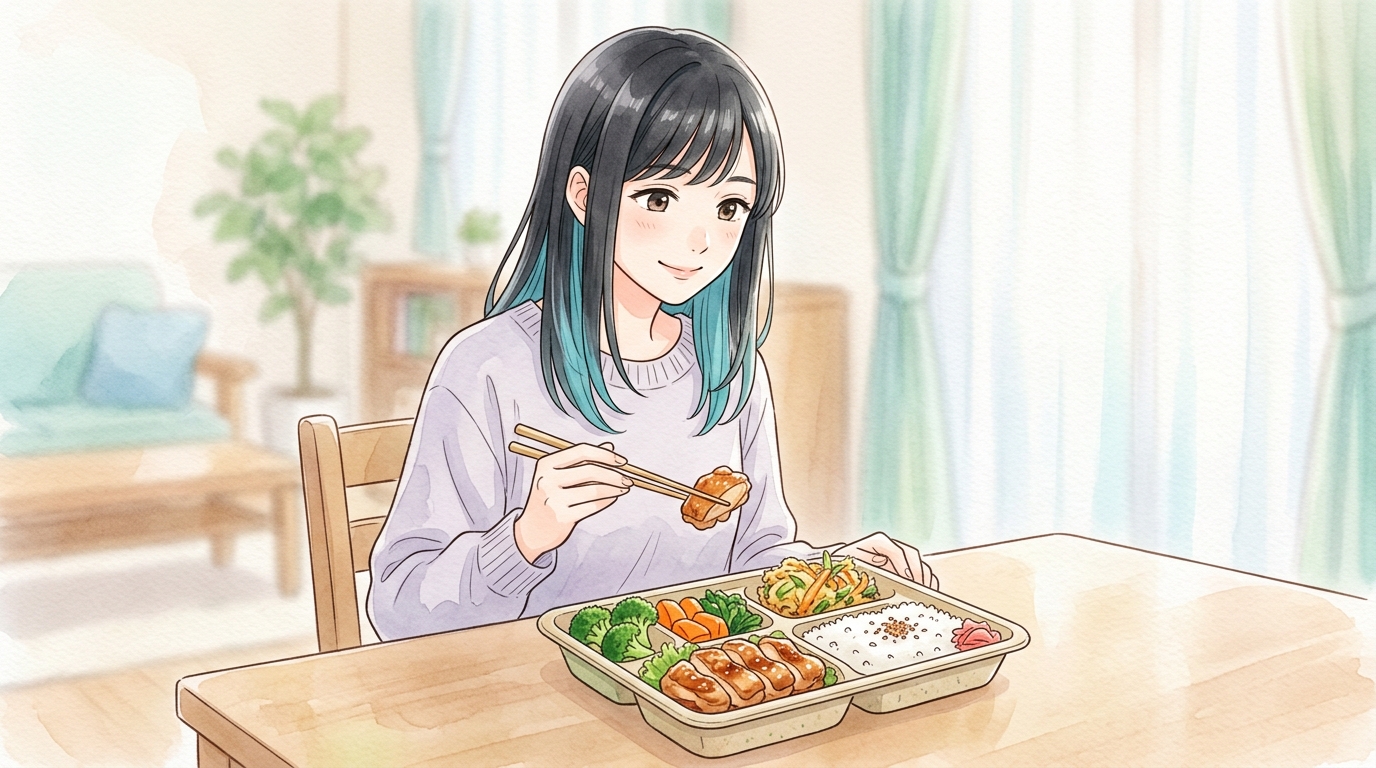 電子レンジで温めた冷凍宅配弁当を取り出すイメージ