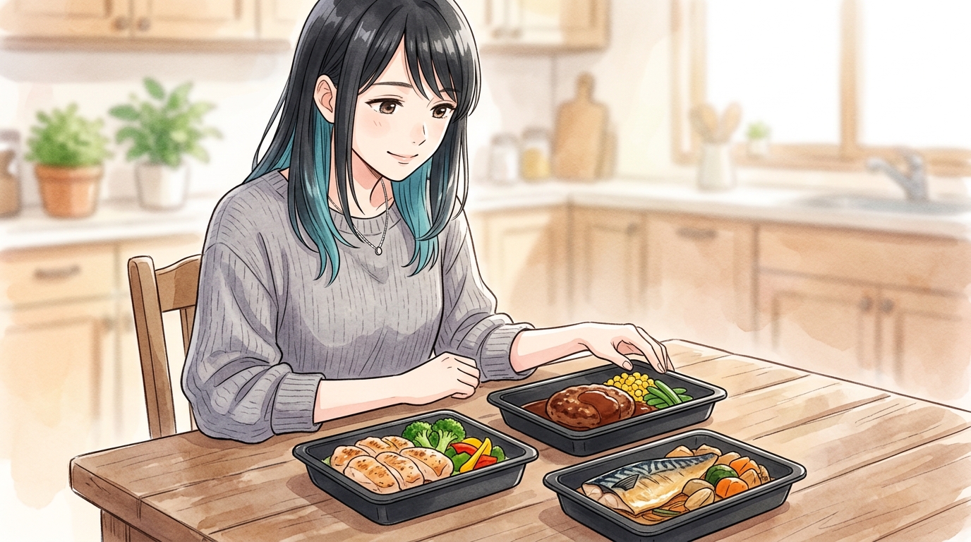 ナッシュの冷凍弁当を並べてダイエット向けのメニューを選ぶ女性のイラスト