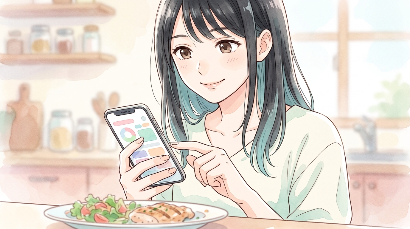 スマホのアプリで食事を記録する女性のイラスト