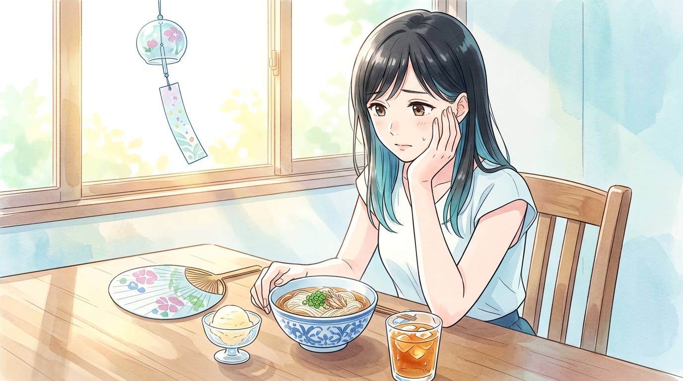 そうめんやアイス、冷たい飲み物を前に夏太りに気づく女性のイラスト