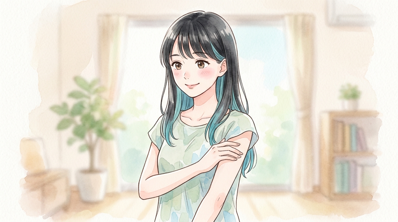 姿勢を整えて二の腕に手を添える女性のイラスト