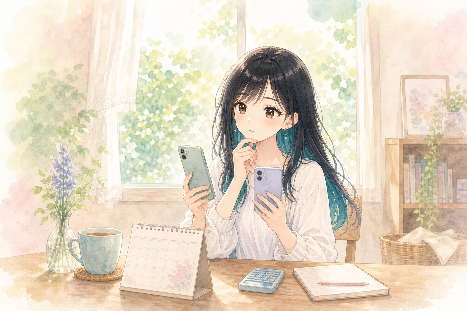 スマホを2台並べて食事記録アプリの料金を比較しながら考える女性