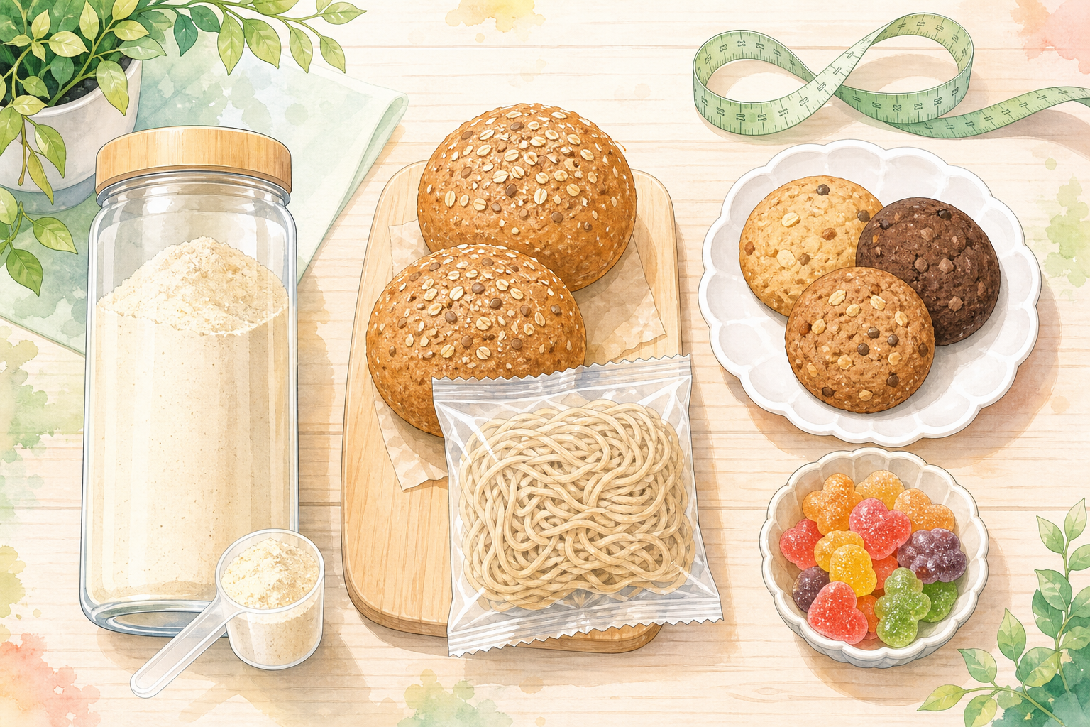 ドリンク型・主食型・おやつ型の完全食を並べたイメージ