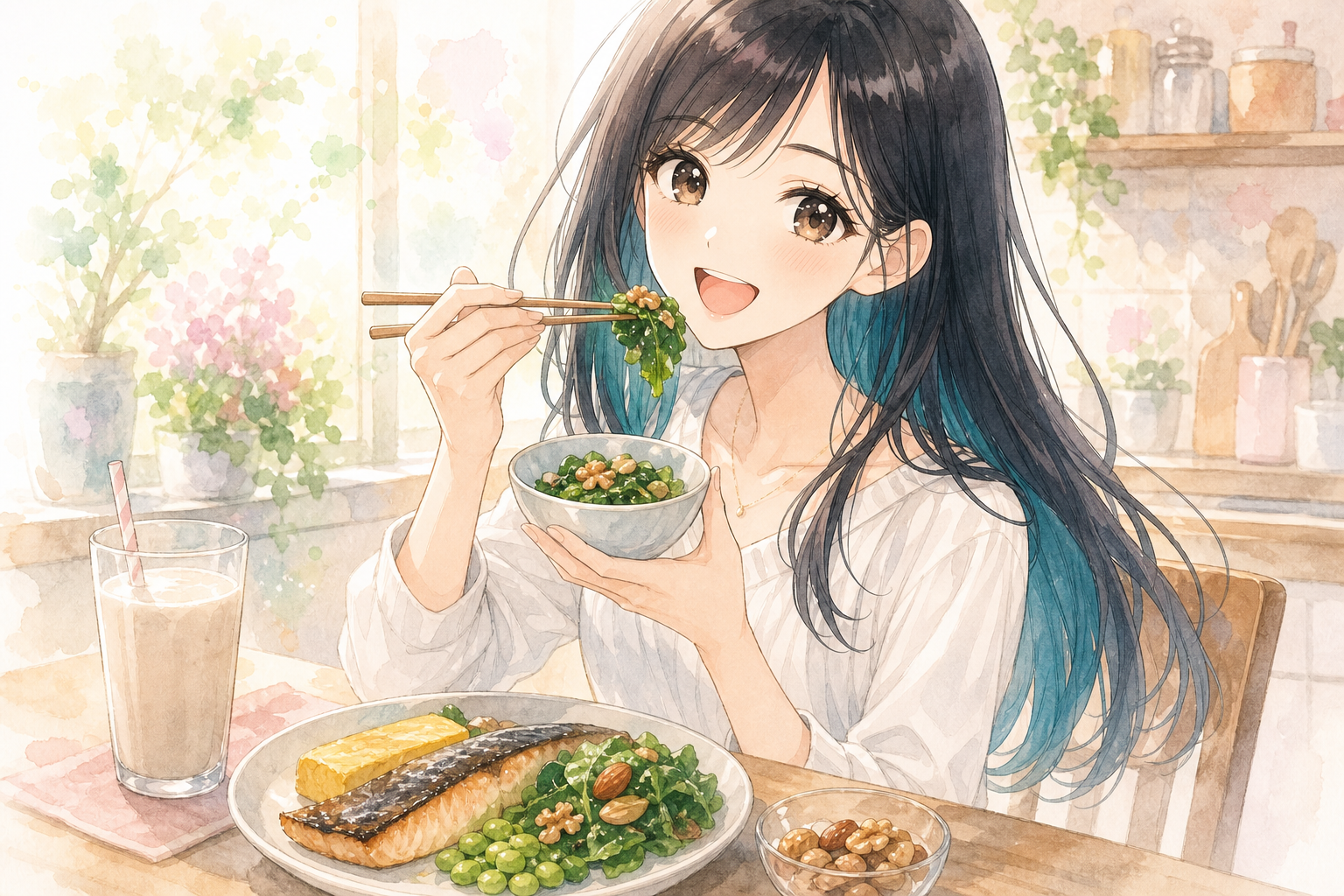 魚・卵・枝豆・ナッツなど髪に必要な栄養がとれるバランス食を食べる女性