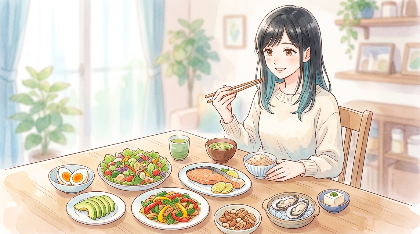ダイエット中でも肌を守る栄養豊富な食卓（サケ・卵・アボカド・野菜・ナッツ・牡蠣）